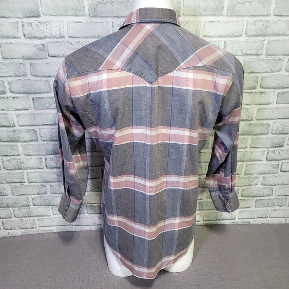 Vintage 70s H Bar C Ranchwear Mens 16-35 Lightweight Plaid Pearl Snap L/S Shirt - Picture 4 of 5
